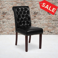 Flash Furniture BT-P-BK-LEA-GG HERCULES Series Black Leather Parsons Chair with Rolled Back, Accent Nail Trim and Walnut Finish 